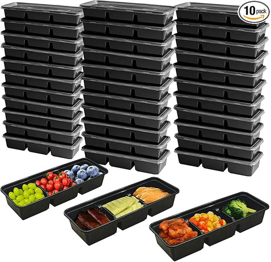 Disposable Food Storage Containers with Lids Meal Prep 3-Compartment To Go Take Out Plastic Black, Sturdy Leakproof Food Safe, Microwave Freezer Dishwasher Safe (10, 3 compartment)