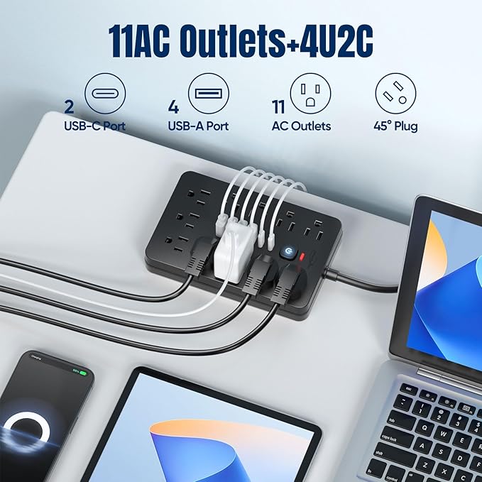 2PCS 5 FT Flat Plug Surge Protector Power Strip,11 Multiple AC Outlets with 6 USB Ports (2 USB C), 5 Feet Extension Cord, 1250W/10A, One Touch Switch Button, 17 in 1 Compact powerstrip