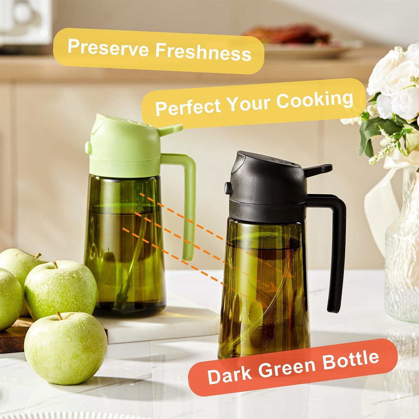 CXINYI - 16oz/470ml Olive Oil Dispenser for Kitchen with Stickers - 2 in 1 Olive Oil Sprayer for Cooking, Air Fryer, and Salad, White (Light-Proof Kitchen Gadget)