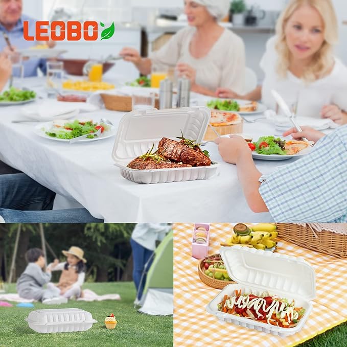 Plastic Containers Mineral Filled PP 9x6 - Shrink Wrap 50 Pack 27oz BPA Free Takeout Box | Freezer Microwave & Dishwasher Safe | Reusable & Disposable Container for To Go Bulk Catering | White