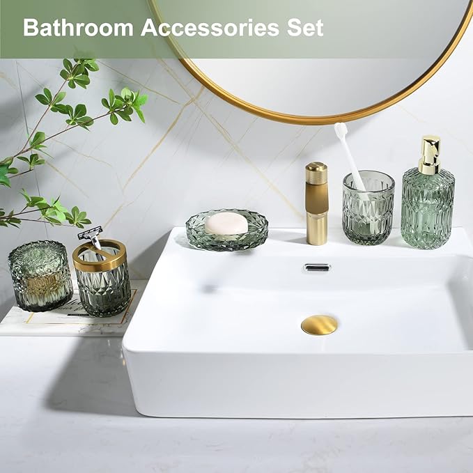 Green Bathroom Accessories Set, 5Pcs Clear Glass Bathroom Accessories, Hand Soap Dispenser, Soap Dish, Toothbrush Holder Set, Tumbler, Qtips Holder for Modern Crystal Bath Countertop Decor