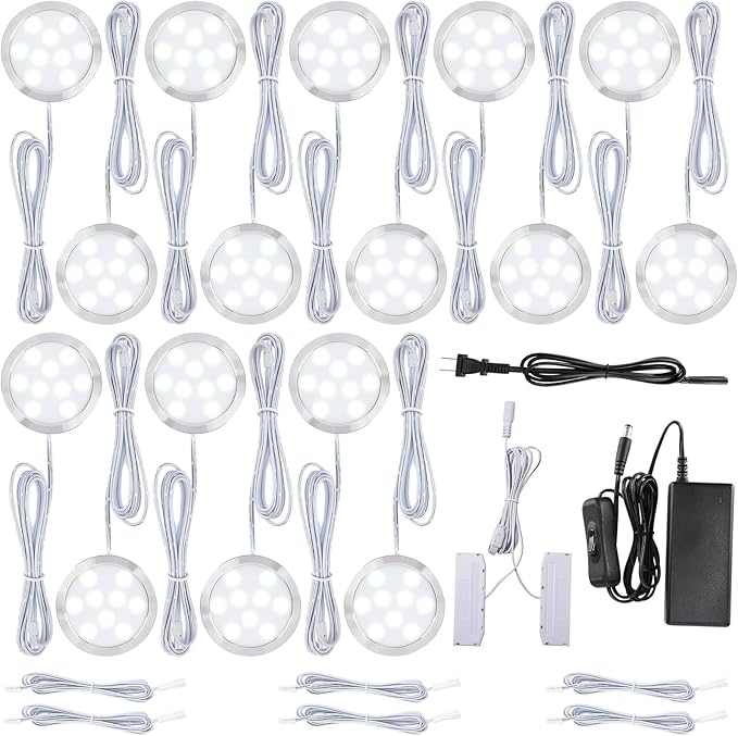 LED Puck Lights Kit for Under Cabinet Lighting, Octopus Connection, On/Off Switch, Plug in & Hardwired, 120V AC Powered to DC12V, White Cords, 16 Lights, Cool White