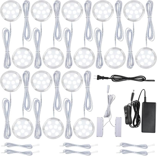 LED Puck Lights Kit for Under Cabinet Lighting, Octopus Connection, On/Off Switch, Plug in & Hardwired, 120V AC Powered to DC12V, White Cords, 16 Lights, Cool White