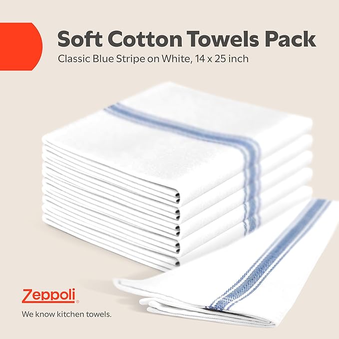 Zeppoli Classic Kitchen Towels - 45 Pack 100% Natural Cotton Towel Set, Reusable Wash Cloths, Absorbent Dish Towels, Machine Washable Hand Towels, Kitchen Essentials -14” by 25”, Blue Striped