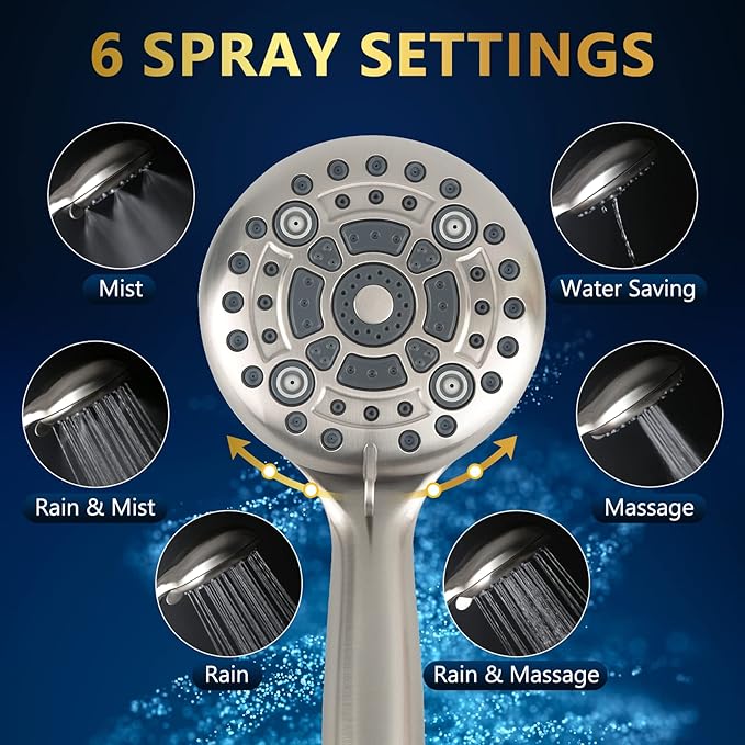 6 Spray Modes High Pressure Handheld Showerhead Set Upgraded 5 Inches Shower Head with Handheld Spray Brushed Nickel Handheld Shower Head 60 Inches Stainless Steel Hose-1-Min Install
