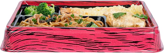Restaurantware Bento Tek 15.2 Ounce Meal Prep Containers, 50 Disposable To Go Food Boxes - Lids Sold Separately, 4 Compartments, Red And Black Plastic Bento Lunch Boxes, Freezable, For Take Out