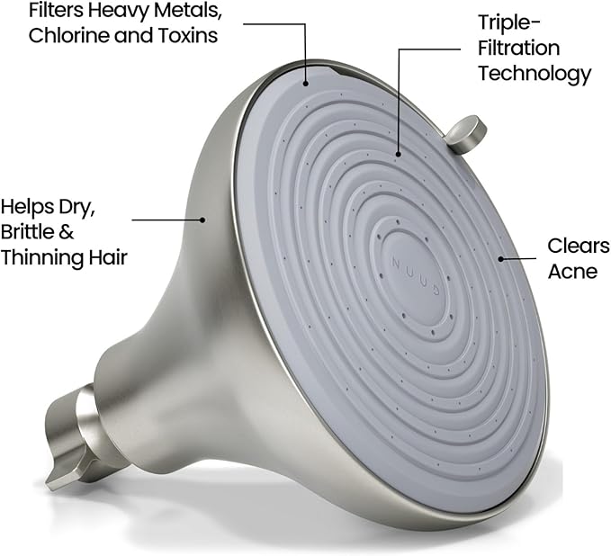 NUUD Filtered Shower Head - Removes Chlorine, Heavy Metals & Contaminants for Healthier Scalp Skin & Hair | Protects Colored Hair & Soothes Dry Skin - High Pressure Shower Head Filter - Brushed Nickel