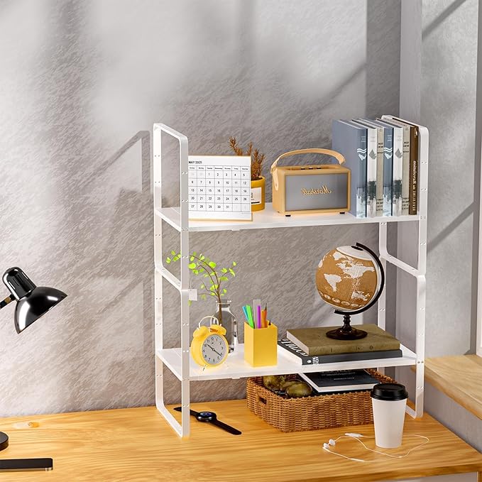 Redrubbit 2 Pack Expandable Cabinet Shelf Organizers, Stackable Kitchen Counter Shelves Spice Rack for Kitchen Bathroom Pantry Cupboard Desk Home Office, White-Large