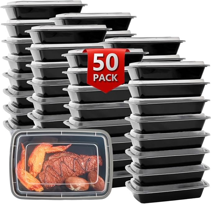 Meal Prep Containers Reusable 50 Pack-27 oz Food Storage Containers with Lids To Go Food Container Takeout, Microwave Dishwasher Freezer Safe, BPA Free, Plastic Containers (Black, Square)