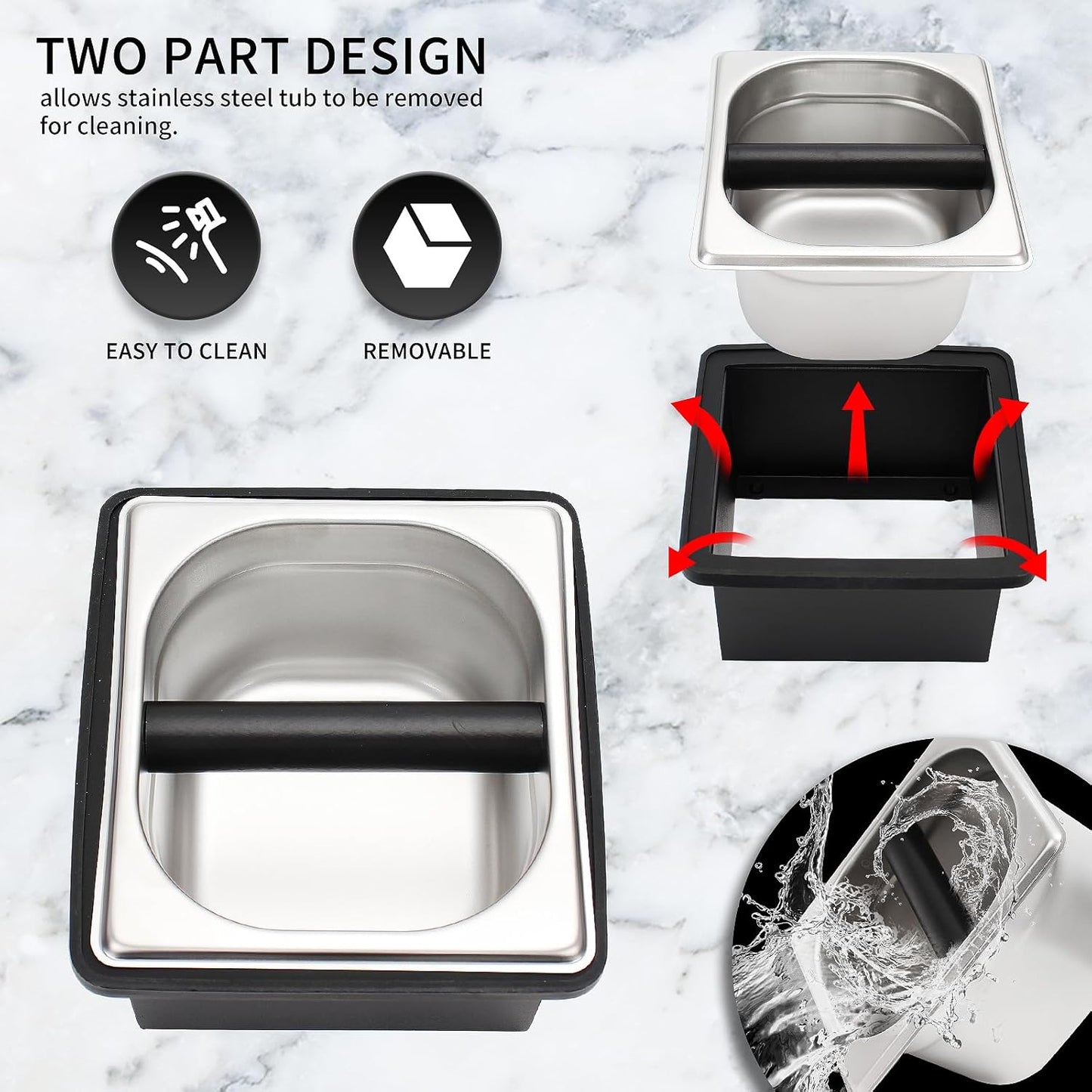 DIBTSA Espresso Knock Box,Stainless Steel Coffee Pucks Container, with Steel Holder and Noise Reduction Rubber Ring (7.28 x 6.8 x 4.25 inch)