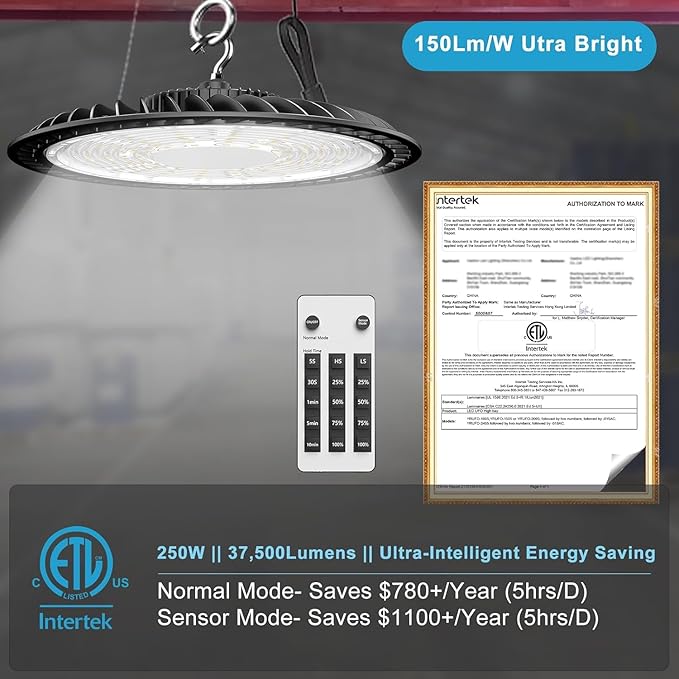 Lightdot 8Pack Smart 250W High Bay LED Shop Lights 37,500LM High Bay Lights with Control (Normal Mode & Motion Sensor Mode) ETL-Listed Plug & Play for 30-40FT Height Warehouse-6Yrs Warranty