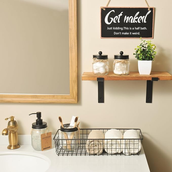 SheeChung Mason Jars Floating Shelves Set for Bathroom - 16oz Soap Dispenser, Toothbrush Holder, 2Pcs Qtip Holders, Paper Storage, Wall Mounted Farmhouse Decor, Artificial Plant, Decor Sign-Brown