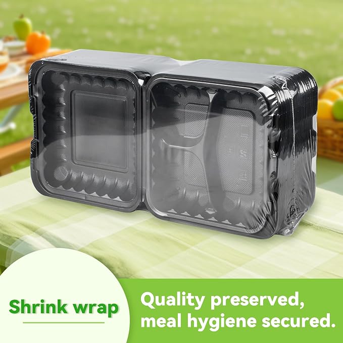 FRESHPAK Food Containers Mineral Filled PP 55 Pack - 8x8 34 oz Shrink Wrap BPA Free Plastic | Stackable Storage Clamshell Takeout Container | Reusable Microwave Safe | 3 Compartment Black Lunch Boxes
