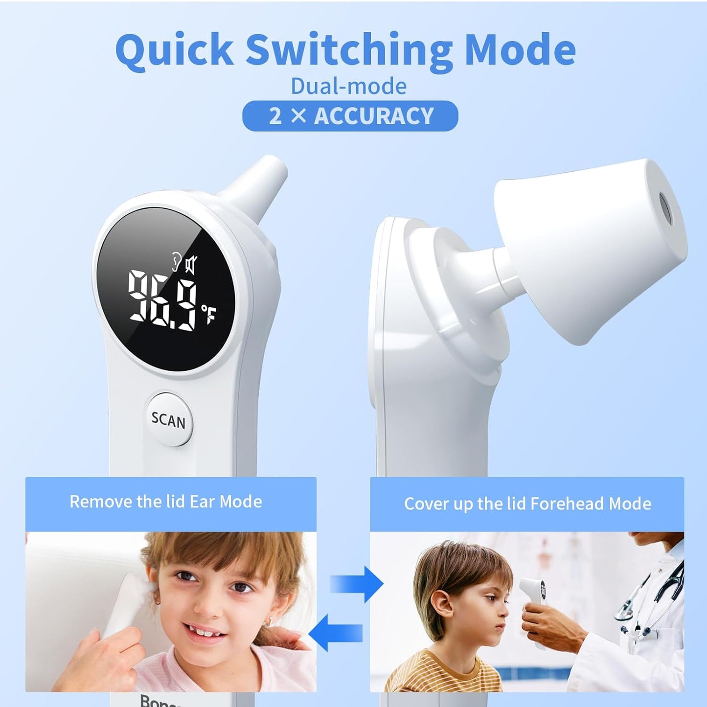 Boncare Ear and Forehead Thermometer, 2X Accuracy Infrared Digital Thermometer for Adults and Kids, 1 Second Reading, No Touch Baby with Fever Alarm