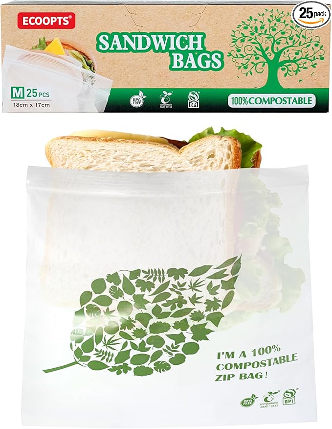 Compostable Sandwich Size Food Storage Bags Freezer and Leak Proof, (25 Eco Zip) Seal well for Sandwich or Fruit Plant-Based BPA-free (25)