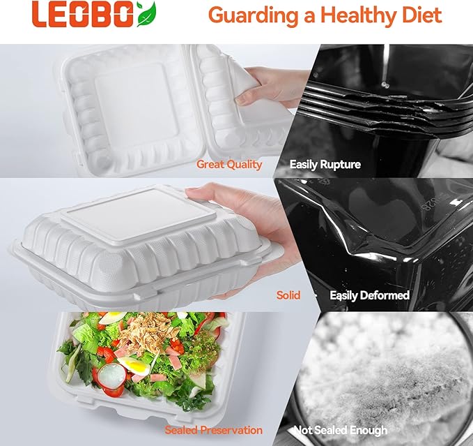 Takeout Container Mineral Filled PP Plastic - 8 Inch 34oz 55 Pack | Shrink Wrap BPA Free To Go Boxes | Reusable Dishwasher Microwave Freezer Safe for Food Delivery | White Disposable Containers