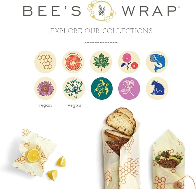 Bee's Wrap Vegan Beeswax Wraps for Food - Vegan Meadow Magic 3 Pack (S, M, L) Made in USA Reusable & Organic Food Wraps, Sandwich Wrap & Bowl Covers - Eco Alternative to Aluminum Foil & Plastic Wrap