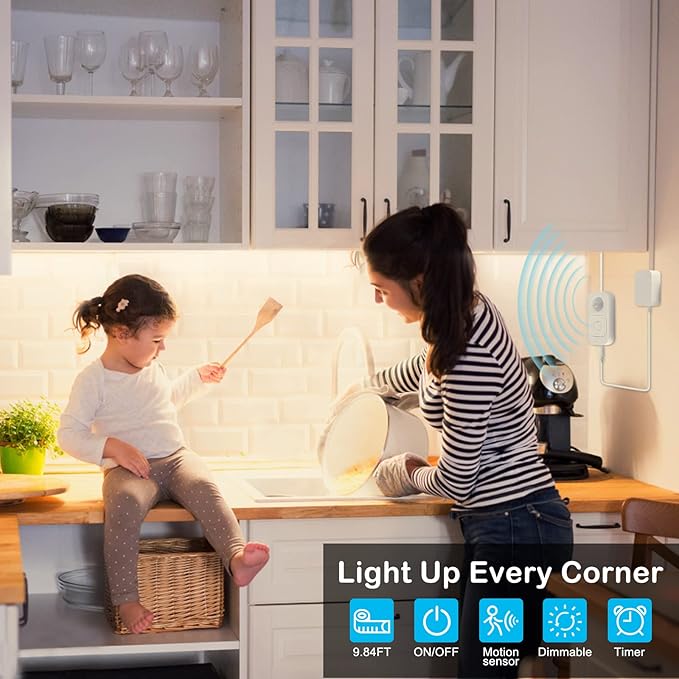Motion Sensor Under Cabinet Lights - Plug-in LED Strip Lights Indoor with Power Adapter, Dimmer and Timer for Kitchen Cabinet, Counter, Shelf, Showcase, Stairway, Bedroom, Corridor, Washroom