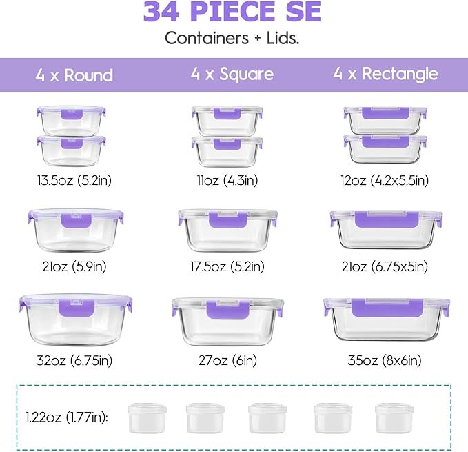 34pcs Glass Food Storage Containers with Lids Set, Airtight Glass Meal Prep Containers (17 Containers & 17 Lids), Leak Proof Lunch Containers BPA-Free, Microwave, Oven, Freezer, Dishwasher Safe