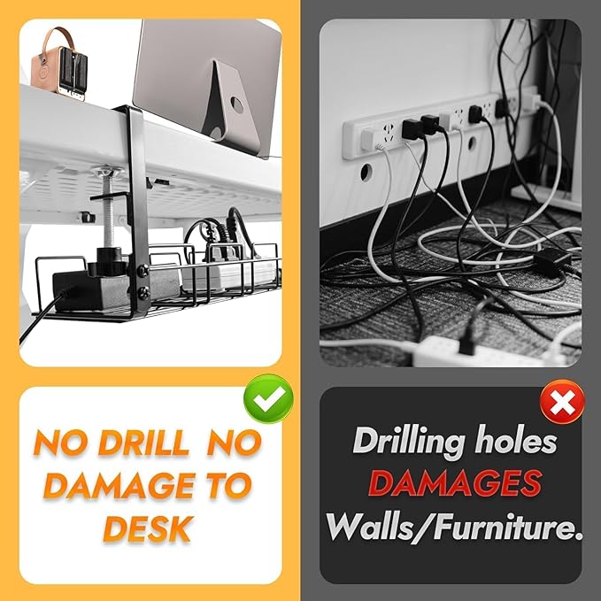 Cable Management Tray Kit- 15.7'' Long 5.1'' Wide Workspace Organizers, Steel Cord Organizers, 4 Cable Holder, 12 Roll Cable Organizer Straps, No Drill, No Damage to Desk(Black)