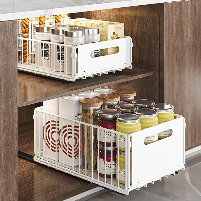 Pull Out Cabinet Organizer Slide Out Drawer Storage Shelves Cupboard Organiser Sliding Cabinet Basket for Kitchen No Drilling and Nailing (White, 2Piece 9.8" W X15 D X 7.5" H)