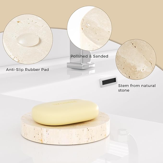 WORHE Marble Soap Dishes Natural Travertine Stone Sponge Holder for Bathroom Tub Shower Kitchen Sink, Handcraft Round Soap Case Trinket Plate Jewelry Tray Coaster for Home Decor Color Beige (WH046)