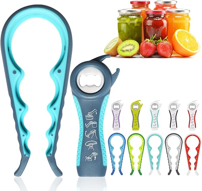 Jar Opener, 5 in 1 Multi Function Can Opener Bottle Opener Kit with Silicone Handle Easy to Use for Children, Elderly and Arthritis Sufferers (JAR-blue2.0)
