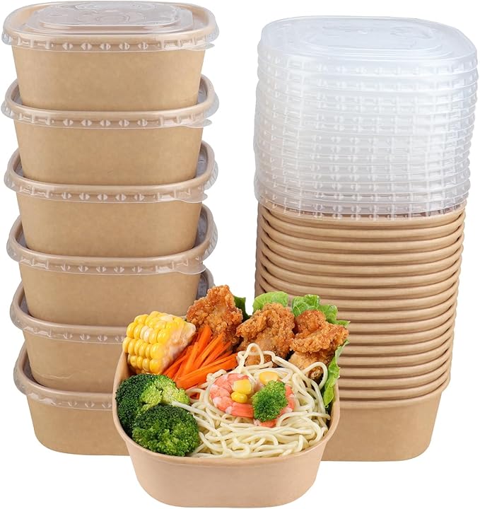 25 oz Disposable Kraft paper bowls with lids, Food containers Soup Bowls Party Supplies Treat Bowls 50 Pack