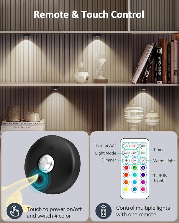 Yiliaw LED Puck Lights with Remote, Magnetic AAA Battery Operated Light, Under Cabinet Lighting, Tap Lights with Dimmer & Timmer for Kitchen, Closet, Shelf - 12 Pack, Black