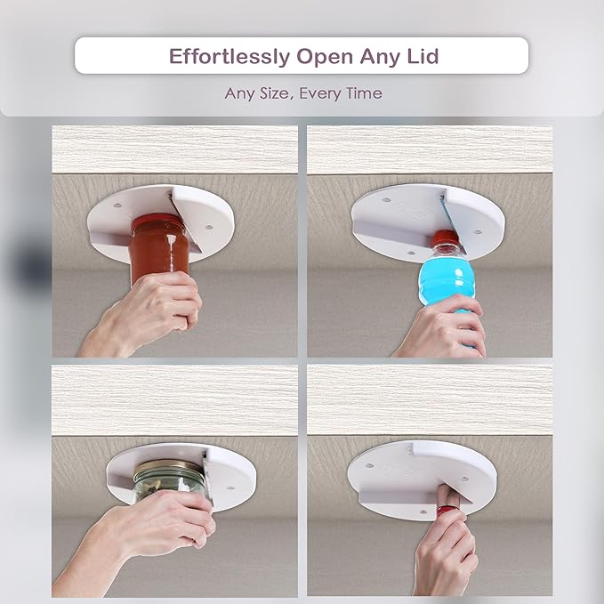 Ferb Jar Opener for Seniors - Under Cabinet Jar Openers for Weak Hands, Easy Grip, Arthritis jar opener, One Handed Gadgets and Bottle Opener - Essential Kitchen Gadgets for Home Assistance - White