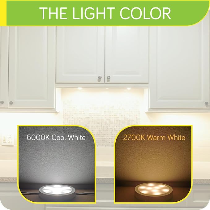 LED Puck Lights Kit for Under Cabinet Lighting, Octopus Connection, On/Off Switch, Plug in & Hardwired, 120V AC Powered to DC12V, White Cords, 16 Lights, Cool White