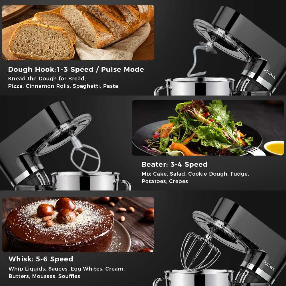 Stand Mixer, POWWA 6.5 Quart Electric Mixer, 6+1 Speed 660W Tilt-Head Kitchen Food Mixers with Whisk, Dough Hook, Mixing Beater & Splash Guard for Baking, Cake, Cookie, Kneading, ETL Certified (Black)
