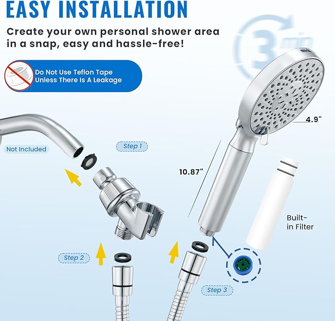 Ryamen Filtered Shower Head with Handheld, High Pressure 9-Spray Modes Detachable Shower Head with Filter for Hard Water-Remove Chlorine & Impurities, Improve Skin & Hair Health, Chrome
