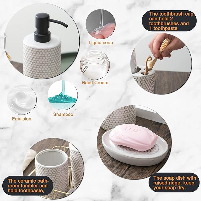Bathroom Accessory Set-4 Pcs Complete, Honeycomb Pattern Ceramic Bathroom Accessories Gift Set Toothbrush Holder, Toothbrush Cup, Soap Dish, Soap Dispenser