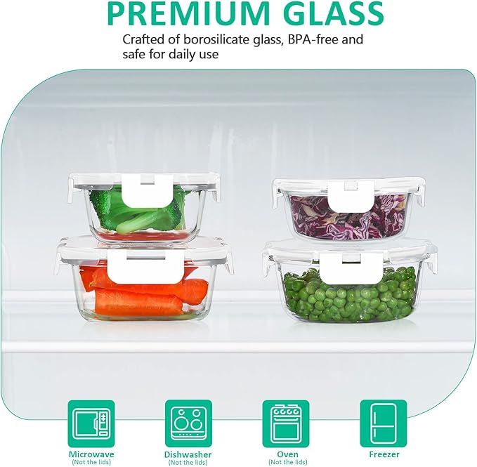KOMUEE 24 Pieces Glass Food Storage Containers Set,Glass Meal Prep Containers-Stackable Airtight Glass Storage Containers with lids,Freezer, Microwave, Oven Safe,White