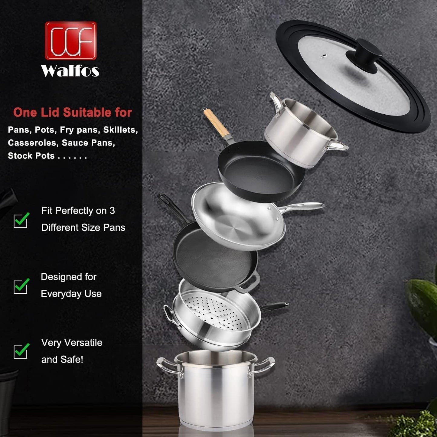 Universal Lid for Pots, Pans and Skillets Fits 10.5", 11.5" and 12" Diameter Cookware - Walfos Tempered Glass Pan Lid with Heat Resistant Silicone Rim, BPA Free Large Pot Lids, Dishwasher-Safe, Black