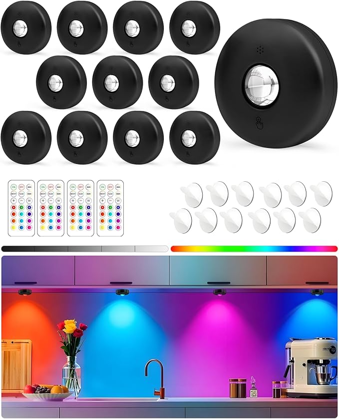 Yiliaw LED Puck Lights with Remote, Magnetic AAA Battery Operated Light, Under Cabinet Lighting, Tap Lights with Dimmer & Timmer for Kitchen, Closet, Shelf - 12 Pack, Black