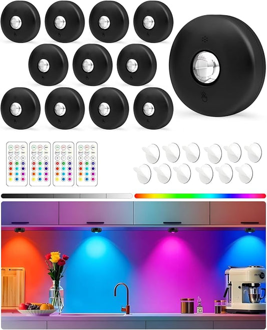 Yiliaw LED Puck Lights with Remote, Magnetic AAA Battery Operated Light, Under Cabinet Lighting, Tap Lights with Dimmer & Timmer for Kitchen, Closet, Shelf - 12 Pack, Black