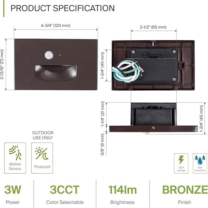 ASD LED Recessed Step Light Fixture, Dusk to Dawn Tread Lighting | 3CCT, Motion Sensor, Photocell, Waterproof, ETL Listed | 3W 120LM 3000K-5000K 120V | Staircase Illumination | Dark Bronze, 4 Pack