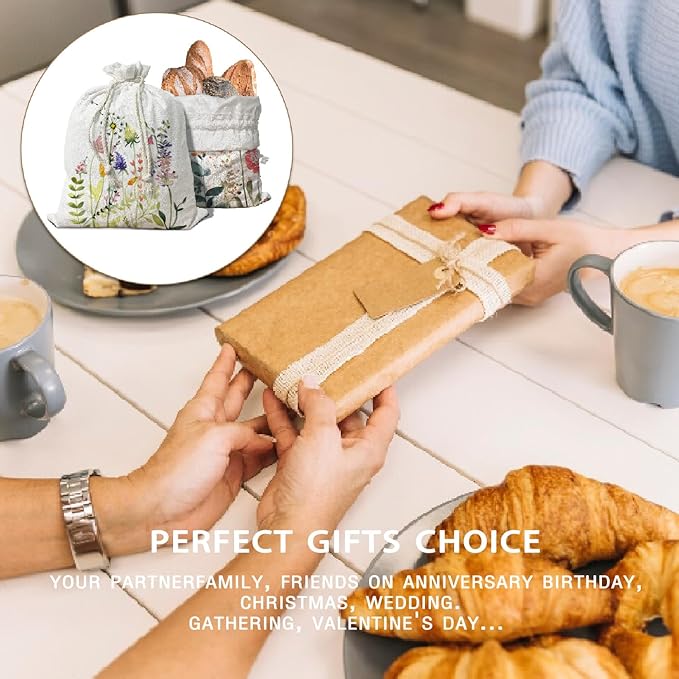 Beeswax Linen Bread Bags for Sourdough, Floral Linen Reusable Bread Bag for Sourdough Homemade Bread 2Pcs, Flower Storage Bread Box for Baker Kitchen Baking Gifts for Women 16.5x12