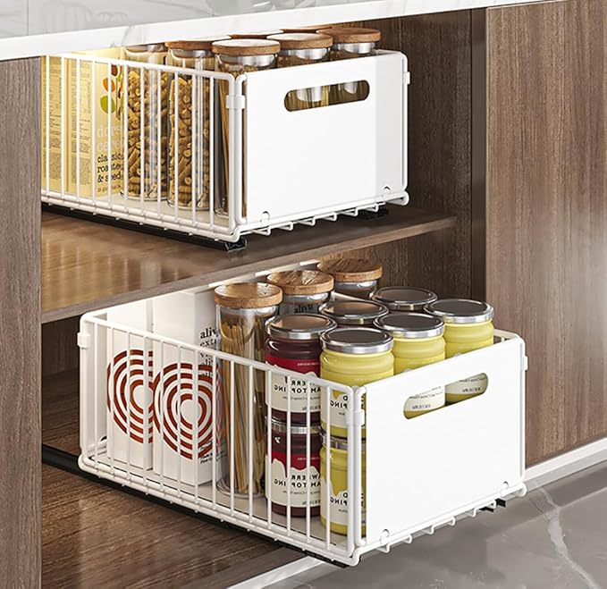 Pull Out Cabinet Organizer Slide Out Drawer Storage Shelves Cupboard Organiser Sliding Cabinet Basket for Kitchen No Drilling and Nailing (White, 2Piece 9.8" W X15 D X 7.5" H)