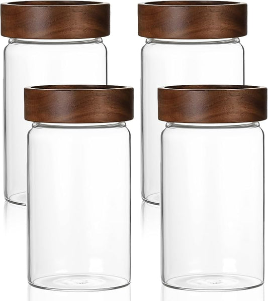 26 oz/850 ml Clear Glass Storage Canister with Airtight Wooden Lid, 4 Pack Small Overnight Oats Containers, Cute Decorative Salad Jar for Snacks Yogurt Spice Sugar Cereal Fruit Coffee Tea