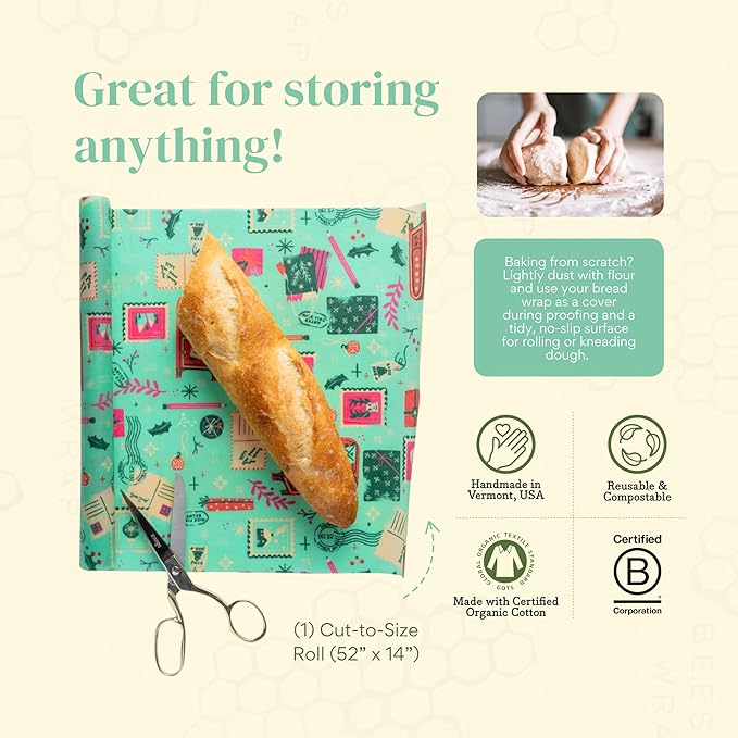 Bee's Wrap Beeswax Wraps for Food - Seasons Greetings Cut to Size Wax Paper Roll - Made in USA Reusable Waxed Paper & Bowl Covers - Organic & Eco-Friendly Alternative to Aluminum Foil & Plastic Wrap