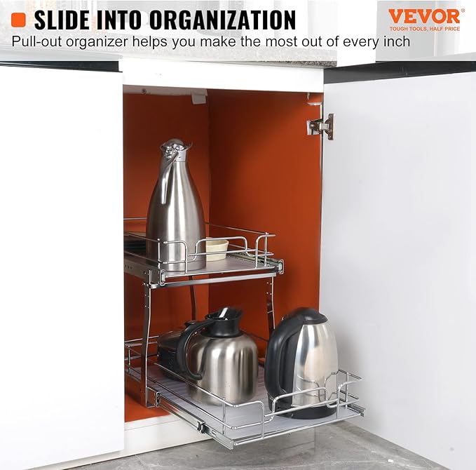 VEVOR Pull Out Cabinet Organizer, 14"Wx21"D Heavy 2 Tier Duty Slide Out Pantry Shelves, Chrome-Plated Steel Roll Out Drawer for Under Sink, 15.5"Wx22"D Install Size for Cabinet