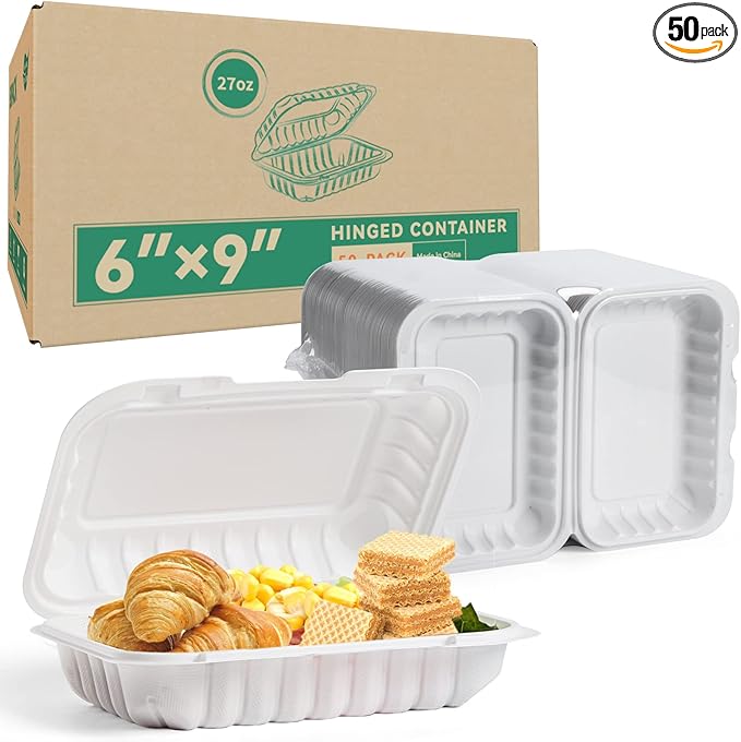 Plastic Containers Mineral Filled PP 9x6 - Shrink Wrap 50 Pack 27oz BPA Free Takeout Box | Freezer Microwave & Dishwasher Safe | Reusable & Disposable Container for To Go Bulk Catering | White