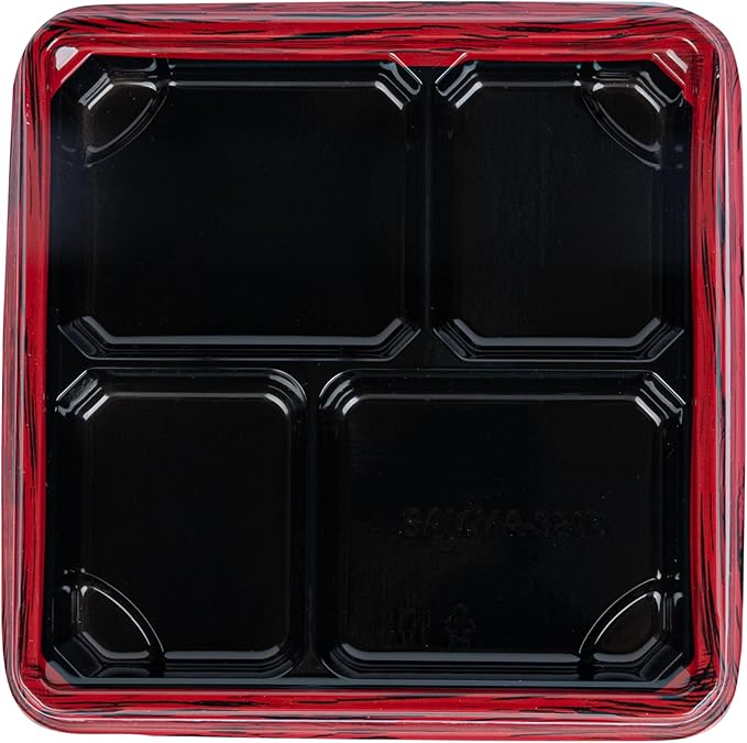 Restaurantware-Bento Tek 17.9 Ounce Meal Prep Containers, 100 Disposable To Go Food Boxes - Lids Sold Separately, 4 Compartments, Red And Black Plastic Bento Lunch Boxes, Freezable, For Take Out