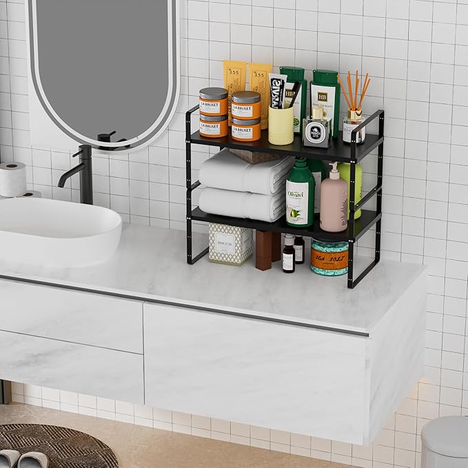 Cabinet Organizer Shelves,Expandable Spice Racks,Stackable Storage Shelves for Kitchen,Pantry,Counter,Bathroom,Home,Office,3 Packs,8.07" D,Black