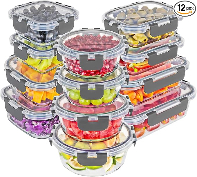 Magic Mill Borosilicate Glass Food Storage Containers with lids Set | Ultimate 24pc Sets with 12 Bowls & 12 Airtight Locking Lids for Lunch & Meal Prep, Safe for Oven, Freezer, Dishwasher, BPA-Free
