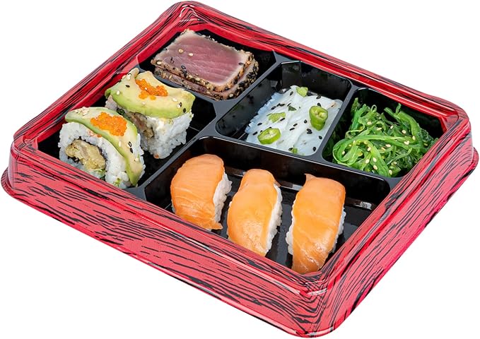 Restaurantware-Bento Tek 18.3 Ounce Meal Prep Containers, 50 Disposable To Go Food Boxes - Lids Sold Separately, 5 Compartments, Red And Black Plastic Bento Lunch Boxes, Freezable, For Take Out