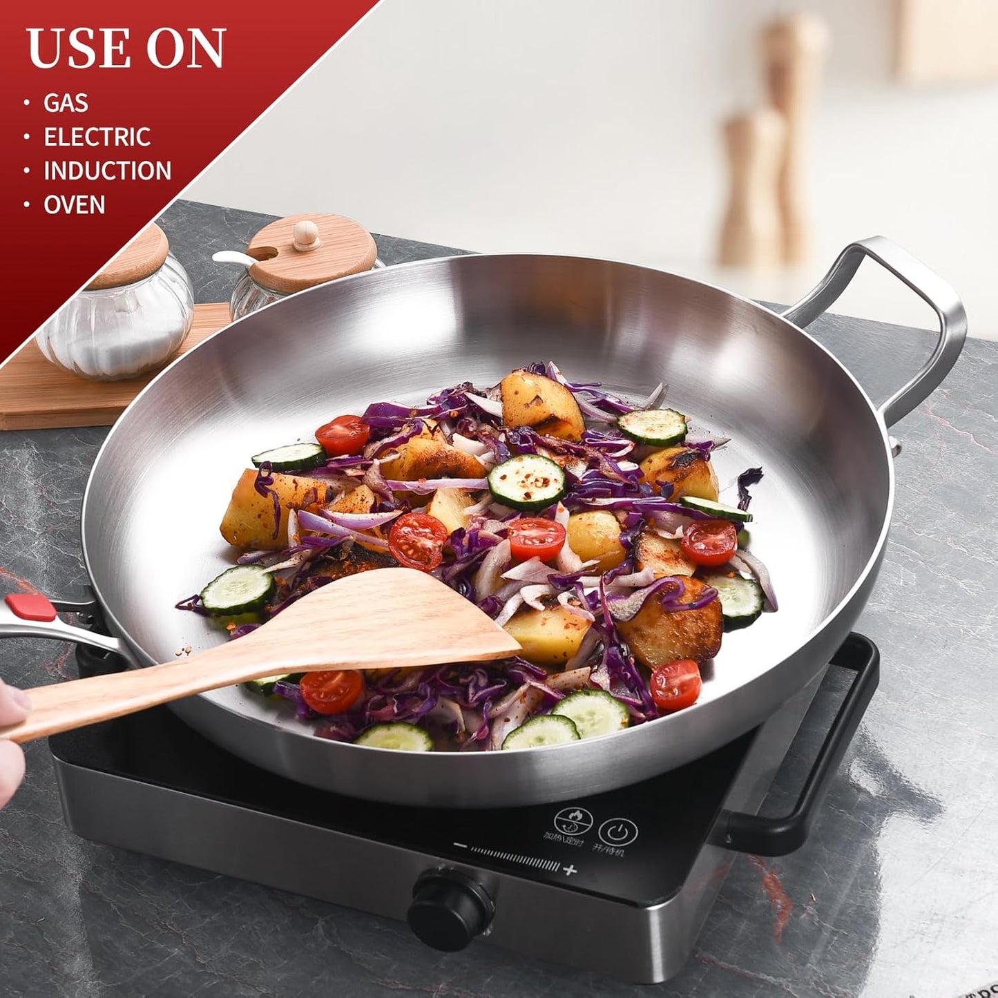 Inqibee 14-Inch Tri-Ply Stainless Steel Large Skillet with Lid,Large Frying Pan with Helper Handle,Jumbo Cooker,Induction Pan,Heavy Duty and Dishwasher Safe